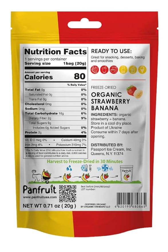 PANFRUIT Freeze-Dried Organic Strawberry Banana Snacks ??100% Natural, No Sugar Added, GMO-Free, Gluten-Free ??4 Individual Packs (0.71 oz) ??Healthy Crunchy Fruit Snack for Kids & Adults