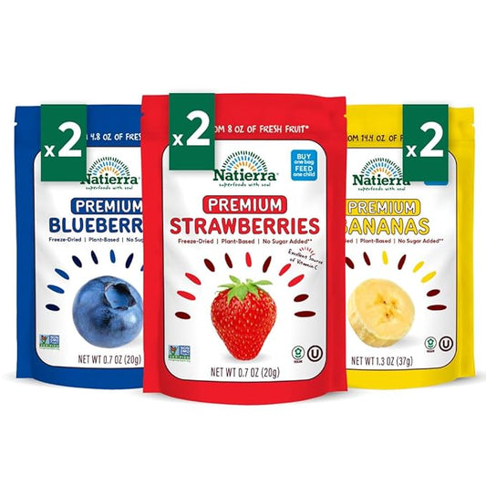 NATIERRA Premium Freeze-Dried Blueberries, Strawberries & Bananas | Non-GMO & Vegan, Gluten Free, No Additives, No Sugar Added | Variety Pack (Pack of 6)