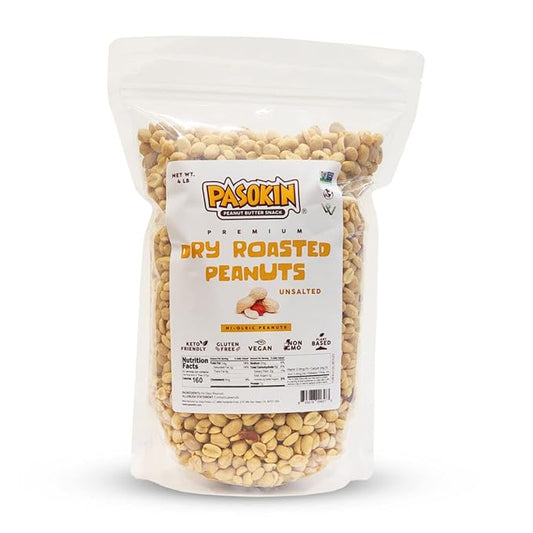 Pasokin Premium Dry Roasted Jumbo Peanuts, Unsalted, NON GMO Verified, Kosher, Keto Friendly, High Protein Snack, Vegan and Gluten Free, 4 lbs (4)
