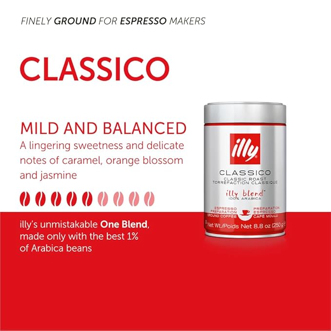 illy Ground Coffee Espresso - 100% Arabica Coffee Ground ??Classico Medium Roast - Notes of Caramel, Orange Blossom & Jasmine - Rich Aromatic Profile - Precise Roast - No Preservatives ??4.4 Ounce