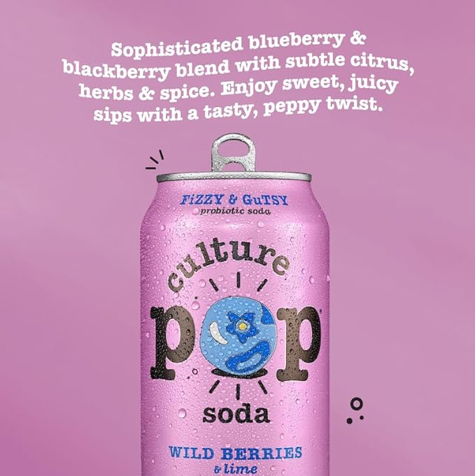 Culture Pop Soda, Wild Berries & Lime, Probiotic Low Sugar Soda, Sparkling Juice Alternative, Non-GMO, Kosher, Gluten-Free, No Stevia (12pk)
