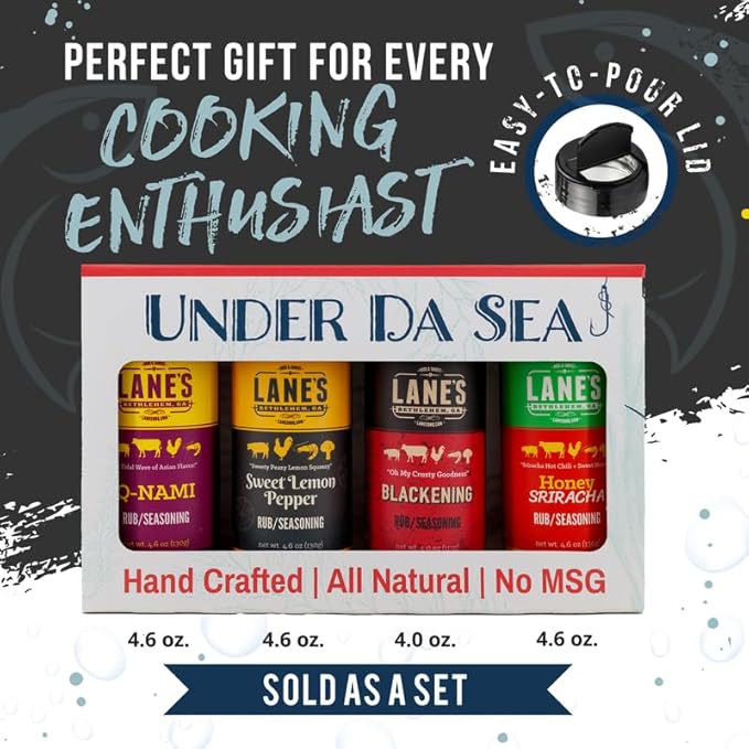 Lane's Under Da Sea Gift Set, All-Natural 4 Rubs Gift Set of Blackened Seasoning, Honey Sriracha Seasoning, Sweet Heat Rub, & Q-Nami Japanese Spices