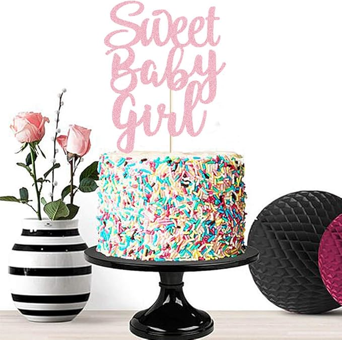 Sweet Baby Girl Cake Topper Rose Gold Glitter Girl Newborn Gender Reveal Cake Decor Cheers to Baby Show/Baby One Month/Hundred Days/Girl 1st Birthday Party Cake Supplies Decorations