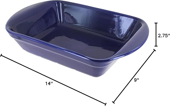 Blue Rose Polish Pottery - Blue Cobalt Large Rectangular Baker with Handles - 9" x 6.5" - Unique, Dishwasher Safe, & Durable Bakeware