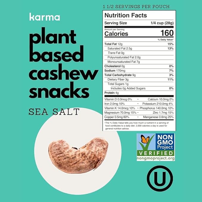 Whole 30 Variety Pack Cashews by Karma Nuts, Whole, Roasted, Vegan, Zero Sugar, Non GMO, Gluten Free, Low Carb, Low Calorie, Everyday Nut Snack, 1.5 Ounce (6 Snack Packs)