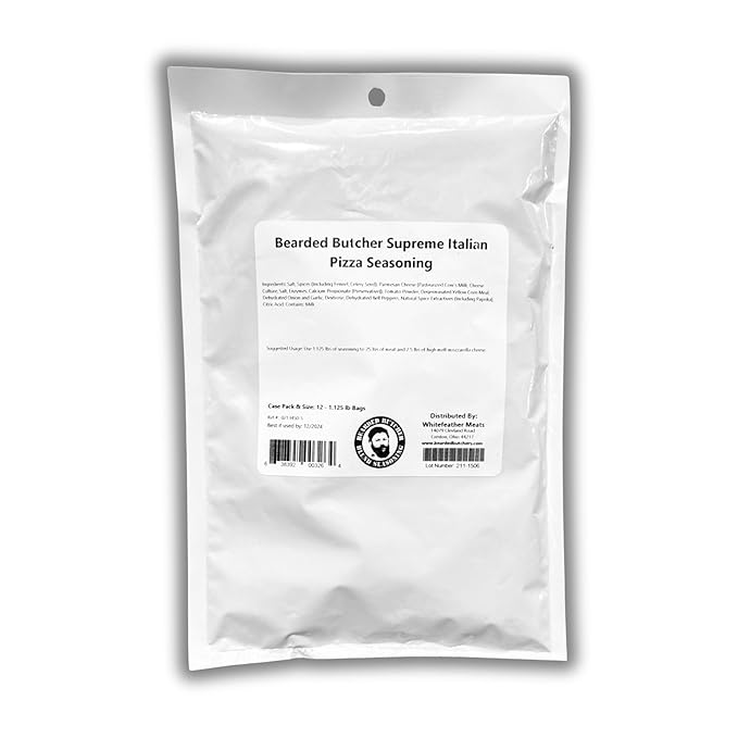 Bearded Butchers Supreme Italian Pizza Seasoning, 18 oz ??For Up to 25 lbs of Meat ??Perfect for Bratwurst, Snack Sticks, Burgers, and Pepperoni ??Includes Parmesan, Tomato, Garlic, and Bell Pepper
