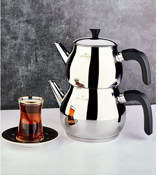 Karaca Kayra Teapot Set, Stainless Steel, Tea Pot 33 oz, Kettle 59 oz, Black Silver, Suitable for Induction, Tea Maker, Kettle, Turkish Tea Kettle