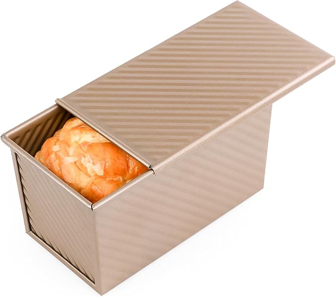AMAGABELI GARDEN & HOME Pullman Loaf Pan with Lid 1 lb Dough Capacity 9x4 inch Non-Stick Bread Pans Carbon Steel for Baking Homemade Bread Mold Sandwich Corrugated Toast Box Bakeware Nonstick Gold