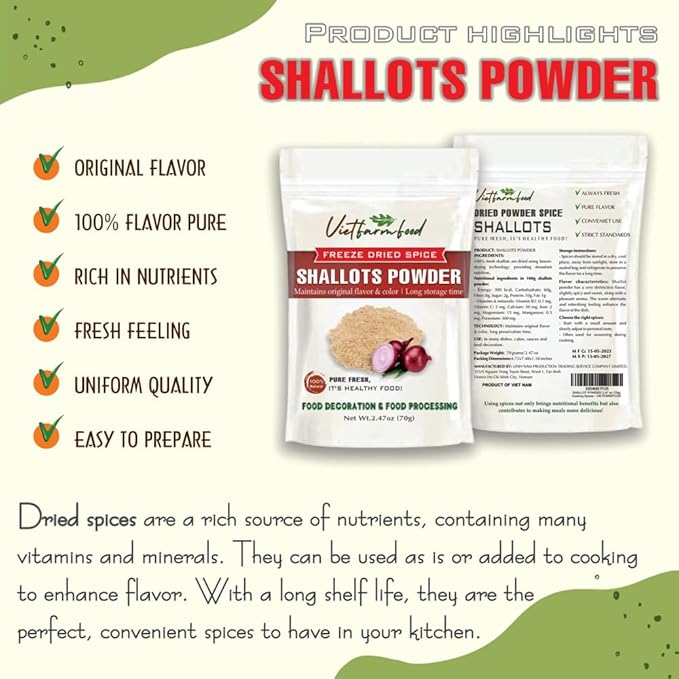 SHALLOTS POWDER 2.47 Oz (70g) VIETFARMFOOD: Pure, natural freeze-dried spice made from real vegetables and fruits - perfect for enhancing every meal, from cooking, baking, salads, soups, sauces