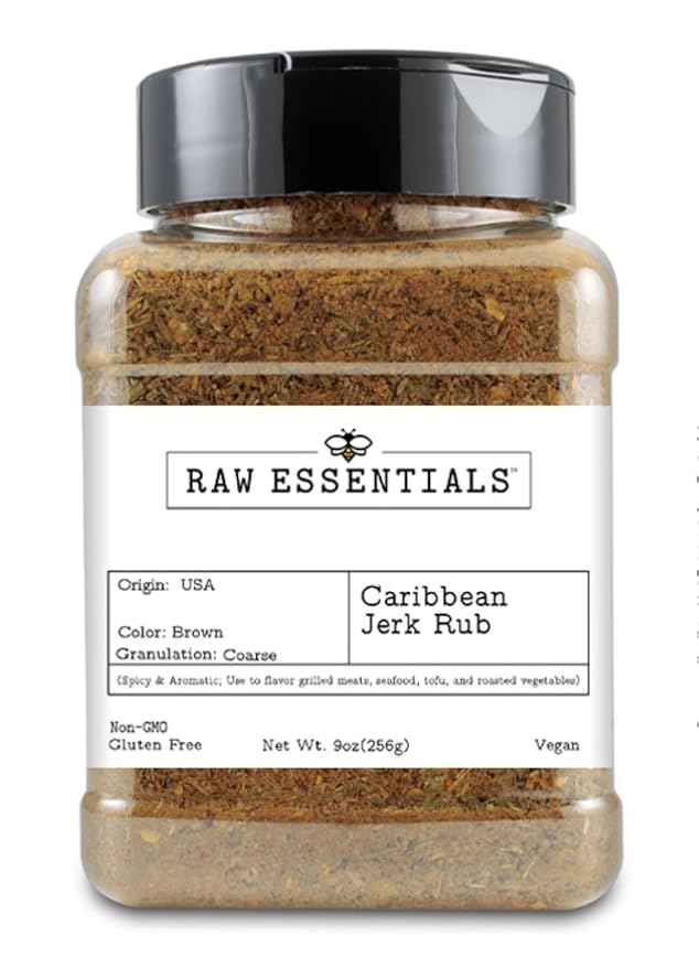 Raw Essentials Caribbean Jerk Rub ??Spicy & Aromatic ??Perfect on Grilled Meats, Seafood, Tofu & Roasted Vegetables ??Non-GMO, Gluten Free, Vegan - 9 Ounce Bottle