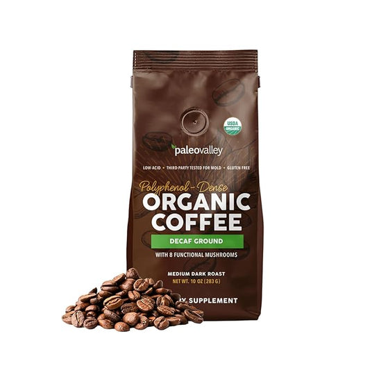 Paleovalley Organic Ground Coffee, 10 oz - Decaf, Low Acid, Single-Origin, Polyphenol-Rich, Infused with Mushrooms & Coffee Fruit Extract