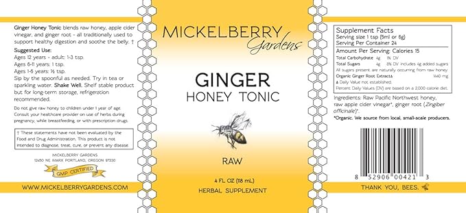Mickelberry Gardens Immune Support Ginger Honey Tonic ??Organic Ginger Shots & Syrup for Immunity Boost, Digestive Health, and Wellness ??4 Oz