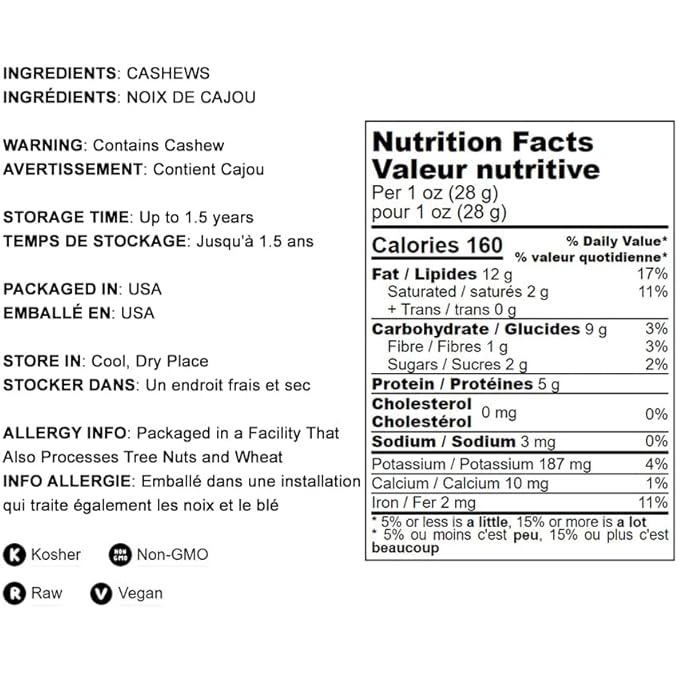 Food to Live Raw Cashews, 16 Pounds ??Non-GMO Verified, Deluxe Whole Nuts, Unsalted, Unroasted, Size W-320, Vegan, Kosher, Bulk