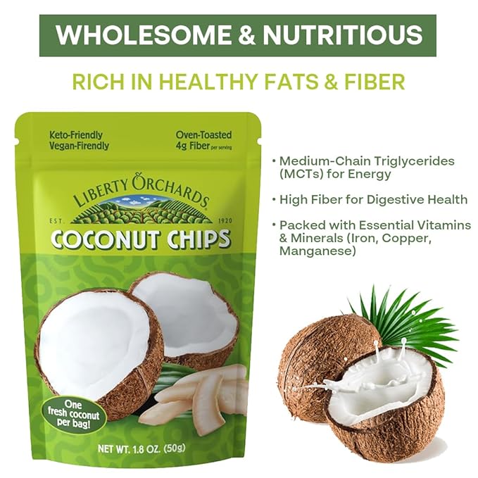 Liberty Orchard Organic Dried Coconut - Oven Toasted Coconut Chips for Healthy Digestion & Preservatives - Delicious Healthy Snack Ideal for Vegan and Keto Diets - One Fresh Coconut per 1.8oz Bag