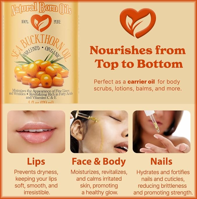Natural Born Oils Sea Buckthorn Oil, 8oz, Organic, Cold-Pressed, Rich in Fatty Acids, Ideal for Moisturizing Skin, Strengthening Hair