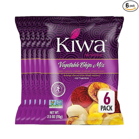 Kiwa Real Veggie Chips Healthy 2.5 Oz (Pack of 6) - Veggie Snacks with Plantain, Beet, Parsnip, Cassava, Sweet Potato - Gluten Free - Non-GMO Healthy Exotic Chips