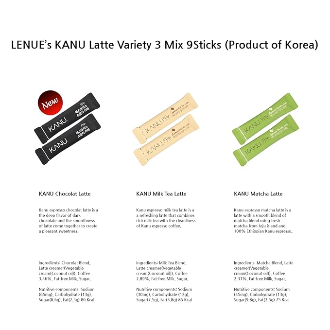 KANU Latte - Korean Maxim 3 in 1 Instant Coffee Variety Sample Packets with Gift Box Set, KANU Latte 3 Mix Combination 9 Sticks