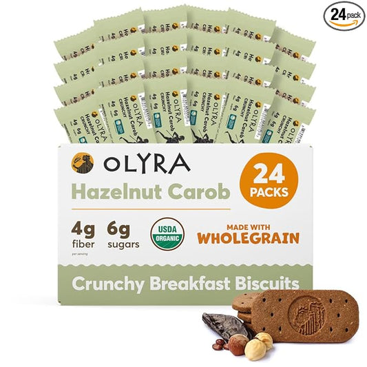 Olyra Organic Breakfast Biscuits - Hazelnut Carob - Healthy Snacks for Adults - Office Snacks - Healthy Cookies - High Fiber Snack - Natural Energy Breakfast Biscuit - 24 Packs