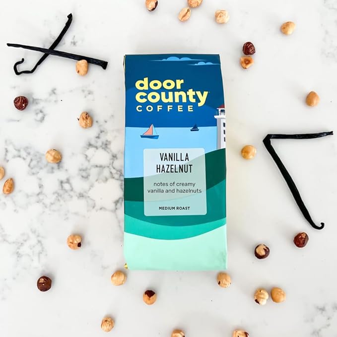 Door County Coffee Vanilla Hazelnut Flavored Ground - 10 oz Bag - Flavored Ground Medium Roast - 100% Specialty Arabica - Flavored Gourmet - Vanilla Hazelnut Flavor