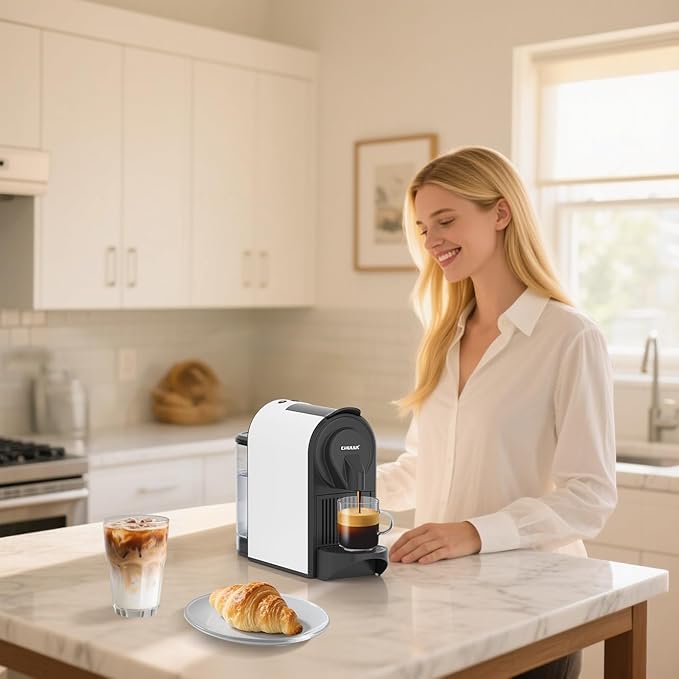 CHULUX Mini Espresso Machine for Nespresso Pod, 20 Bar Single Serve Coffee Maker, 1400W, White