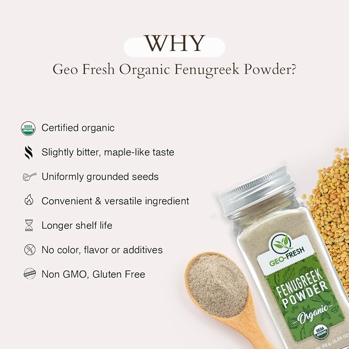 Geo-Fresh Fenugreek Powder Organic ??2.29 oz (65g) ??Organic Fenugreek Powder ??Ground Spices for Cooking ??USDA Certified ??Kosher, Non-GMO, Gluten-Free ??Premium Quality Indian Spice