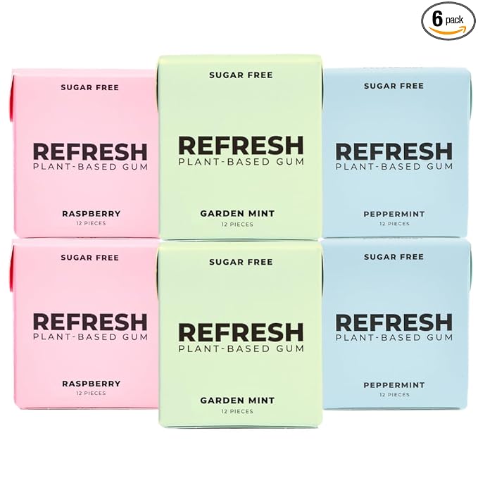 Refresh Gum, Xylitol, Natural, Sugar Free, Long Lasting, Plastic Free, Natural Flavors & Organic Ingredients, Plant-Based, Non GMO, Peppermint, Garden Mint & Raspberry Variety Pack, 12 Pcs, 6 Pack