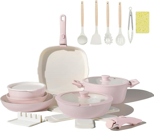 23pcs Ceramic Pots and Pans Set, Nonstick Detachable Handle Cookware, Induction Kitchen Cooking Set with Removable Handle,include Frying Pans & Saucepans Oven Safe(Pink)