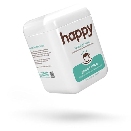 happy coffee light roast ground coffee, 12 oz., notes of cashew & elation, recyclable container, grown & harvested in Colombia, Brazil & Guatemala