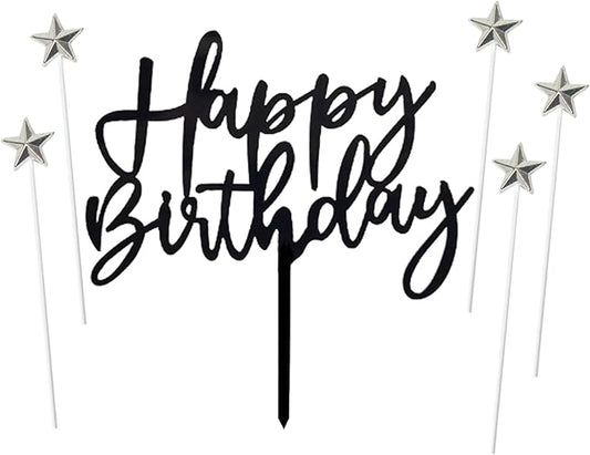 ZHENGYE Set of 1 Black Acrylic Happy birthday Cake Topper And 5 pcs silvery Star Cupcake Topper Cake Decoration Supplies for Baby Shower Birthday Decorations(Black 14)