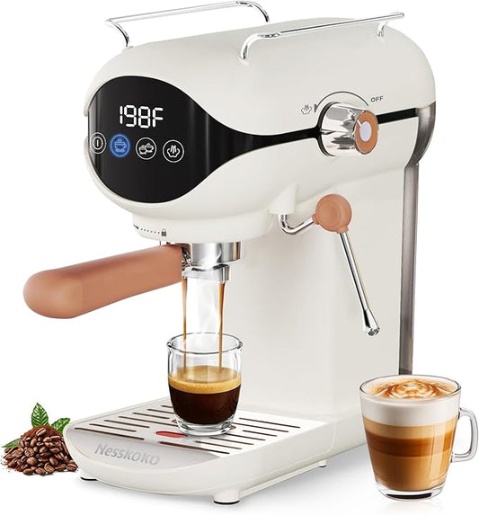 Espresso Machine with Steam Milk Frother Semi Automatic 20 Bar Compact White with Touch Screen for home Cafetera Espresso, Latte, Cappuccino, Americano, Macchiato
