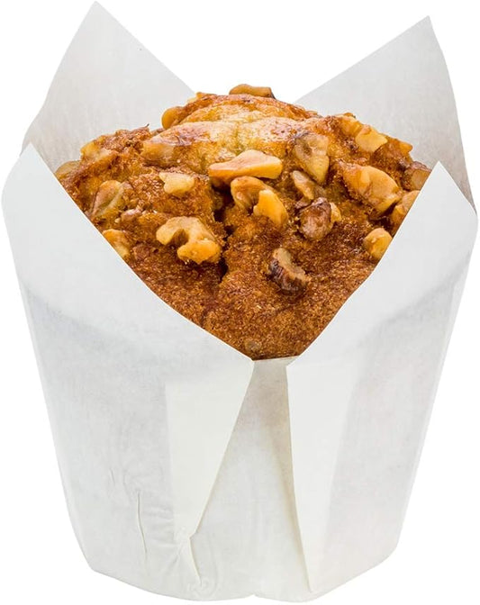 Restaurantware Panificio Premium 4 oz White Paper Tulip Baking Cup: Paper Baking Cups Perfect for Muffins Cupcakes or Mini Snacks - Greaseproof - Disposable and Recyclable - 200ct Box