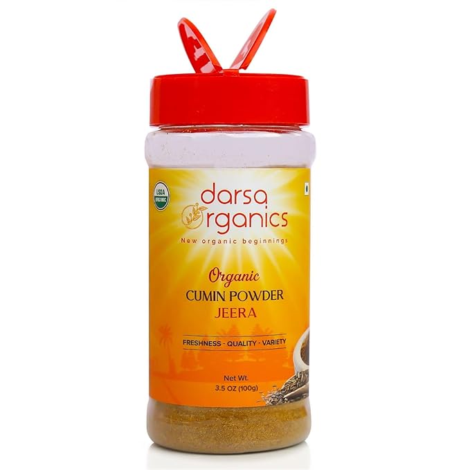 Darsa Organics Ground Cumin Powder 3.5 oz - Premium Grade USDA Organic Certified Cumin Spice from India, Ideal for Curries, Stews and Taco Seasoning, Non-GMO, Gluten Free, Kosher, Vegan