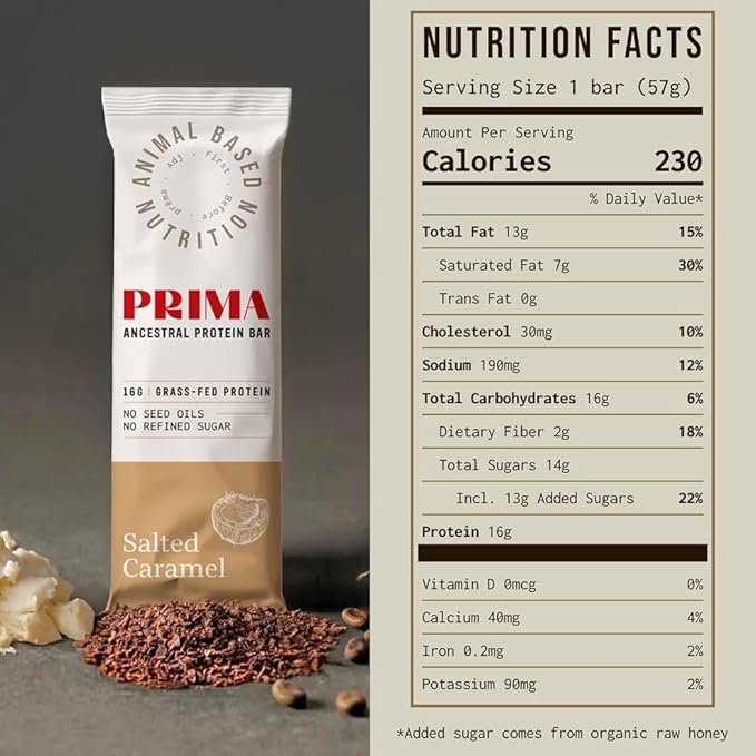 PRIMA ANCESTRAL PROTEIN BAR Grass Fed Protein Bars, 7 Pack ??Animal-Based Protein Bar with Beef Tallow, Raw Honey, Seed Oil Free, Low Carb, Gluten-Free ??Healthy, Energy Snacks for Clean Lifestyle (7 Pack, Salted Caramel)