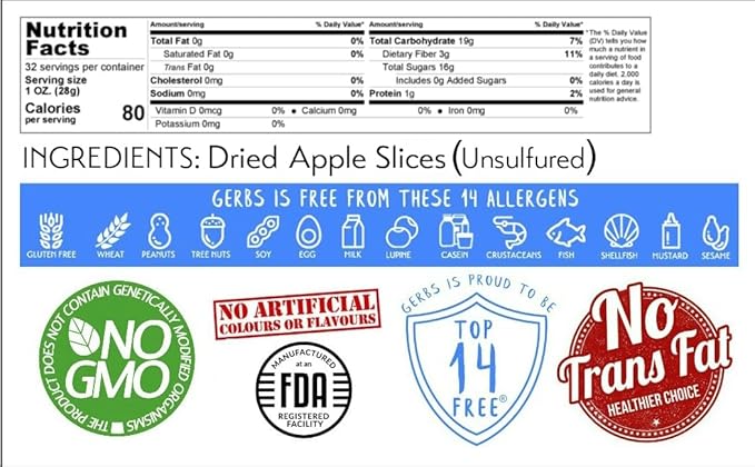 Gerbs Dried New England Apple Slices – 2 LBS. - No Sugar Added, Unsulfured & Preservative Free - Top 14 Allergy Free & NON GMO - Grown in USA