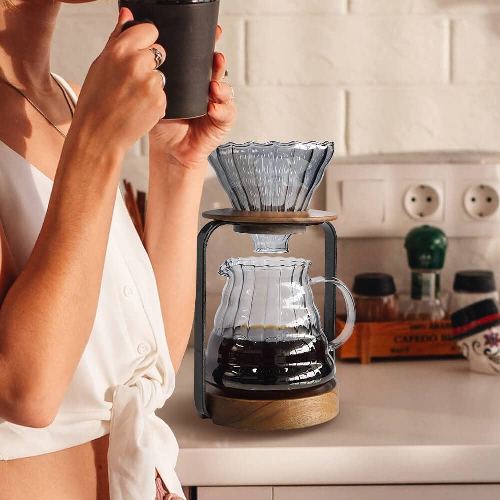 SOTECH Pour Over Coffee Station Dripper Stand Coffee Filter Wooden Filter Holder Glass Server with