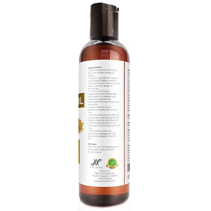 Sesame Seed Oil by Velona - 4 fl oz | 100% Pure and Natural Carrier Oil | Refined, Expeller Pressed | Cooking, Skin, Hair, Body & Face Moisturizing | Use Today - Enjoy Results