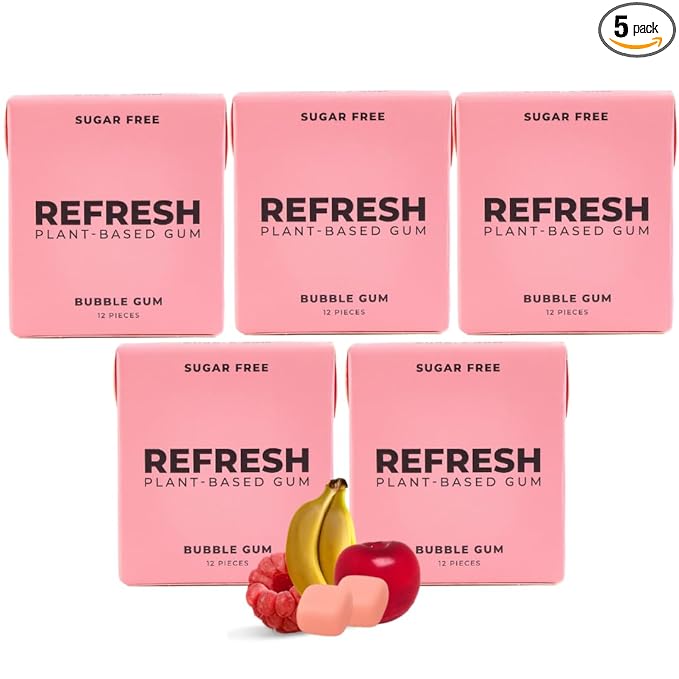 Refresh Gum Fruit Variety Pack – Xylitol, Sugar Free Chewing Gum, Natural Flavor & Organic Ingredients – Long Lasting, Plant-Based, Non-GMO – 12 Pieces, 5 Pack (12 Count (Pack of 5), Bubble Gum)