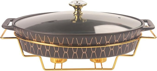 10" x 7" Ceramic Oval Casserole Dish with Glass Lid and Gold rack, 30 Ounce Serving Soup Tureen,Chafing Dish for Buffet, Family Food preserve Tray, Catering Casserole for Party Style, Black
