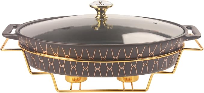 11" x 7.5" Ceramic Oval Casserole Dish with Glass Lid and rack, 40 OZ Serving Soup Tureen,Chafing Dish for Buffet, Family Food preserve Tray, Catering Casserole for Party Style, Black