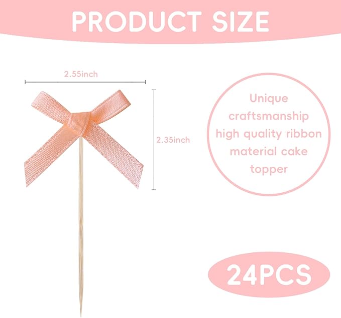 24Pcs Bow Birthday Decorations Cupcake Toppers Supplies Rose Gold Bow Baby Shower Cupcake Toppers Decorations for Girl Party Supplies Coquette Birthday Decorations