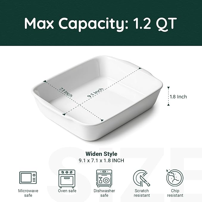 1.2 QT Ceramic Baking Dish, White Casserole Dish竊똋asagna Pan for Oven, Bakeware for Baking, Kitchen Decor, Microwave Oven Safe, Dinner Partyç«?.1" x 9.1"ç«?,<div>