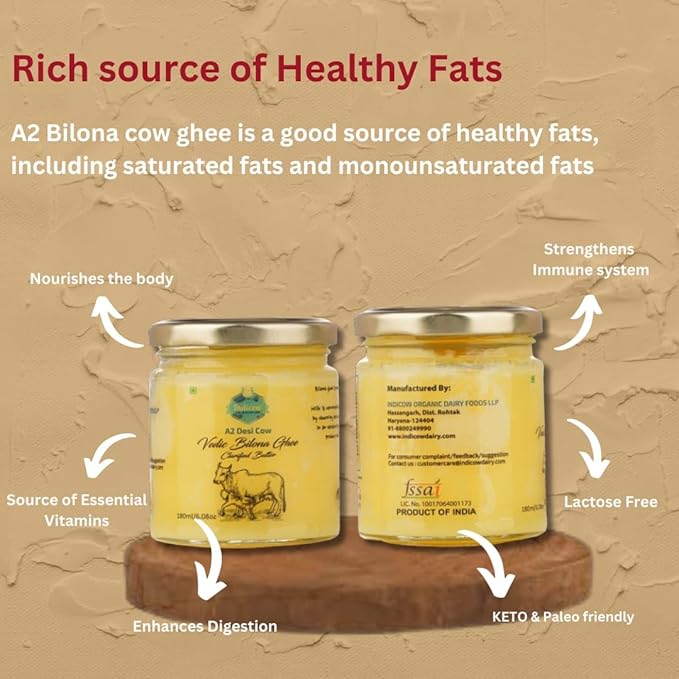 Indicow A2 Desi Cow Ghee| (180ml (6.08oz), A2 Cow Ghee (Sahiwal Cows)) | Grass Fed, Pasture Raised Clarified Butter Fat, Keto, Paleo, Lactose Free, Casein Free, Non-GMO | a2 ghee organic grass fed