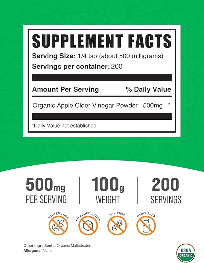 BulkSupplements.com Organic Apple Cider Vinegar Powder - Apple Cider Vinegar Supplement, ACV for Digestive Support - Vegan & Gluten Free, 500mg per Serving, 100g (3.5 oz) (Pack of 1)