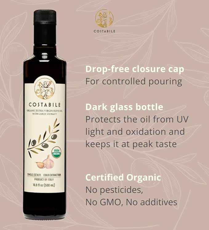 Garlic Infused Olive Oil Extra Virgin from Italy and from a Single Source. Garlic Oil for Cooking, Dressings, on Pizza, Pasta, Marinades - COSTABILE 16.9 Fl. Oz.
