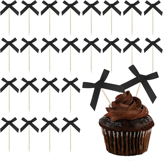 24Pcs Black Bow Theme Party Decorations for Baby Shower Supplies Black Bow Birthday Cupcake Toppers Decorations Coquette Birthday Cupcake Toppers Decorations