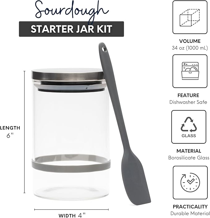 Alvina Collection Sourdough Starter Jar Kit (34 oz) - Large Sourdough Glass Jar w/SS Steel Lid, Spatula & Tracker Band - Dishwasher Safe, Wide Mouth Sourdough - Ideal Sourdough Starter Kit Beginners