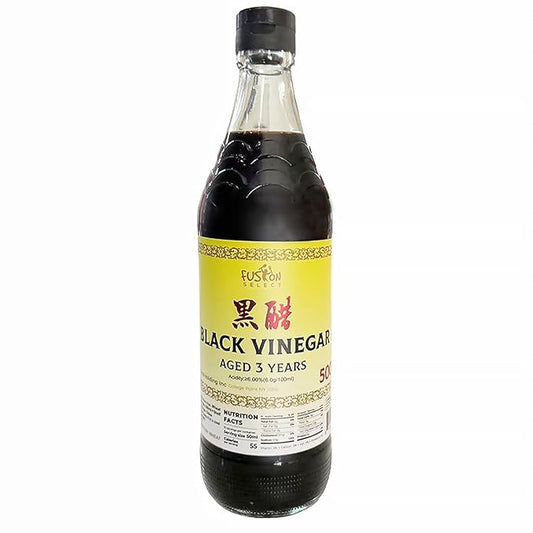 Fusion Select 500ml Chinese Black Vinegar - Authentic Chinkiang Black Vinegar for Cooking, Sauces, Dressings - Zero Artificial Color & Flavors - Aged for 3 years - Kitchen Condiments & Ingredients