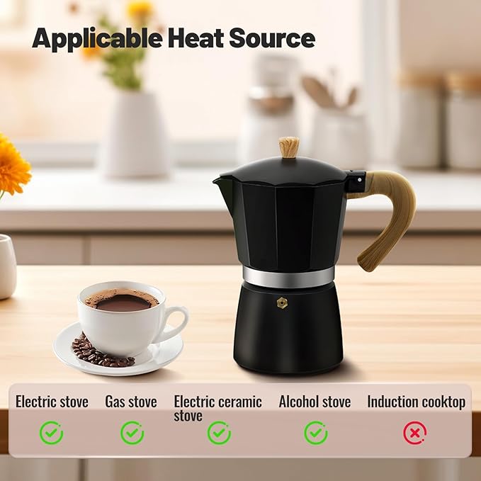 6 Cup Aluminum Moka Pot Classic Stovetop Espresso Coffee Maker 300ml 10oz Coffeemaker Percolator Mocha Pot Greca Coffee Maker Cafe Makers for Italian and Cuban Cafì±?Brewing Black