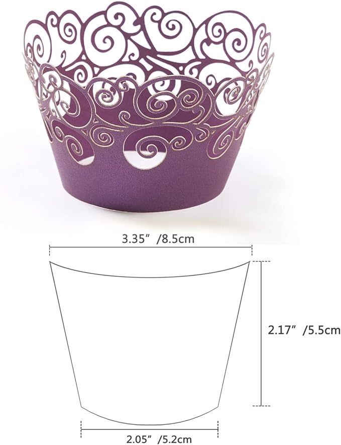 Cupcake Wrappers, KPOSIYA 100 Pack Cupcake Wraps Filigree Artistic Bake Cake Paper Cup Little Vine Laser Cut Liner Baking Cups Muffin Case Trays for Wedding Party Birthday Decoration (100, Purple)