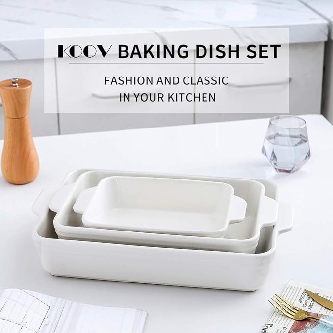 KOOV Bakeware Set, Ceramic Baking Dish Set, Rectangular Casserole Dish Set, lasagna Pan, Baking Pans Set for Cooking, Cake Dinner, Kitchen, 9 x 13 Inches, 3-Piece (Set of 3, White)